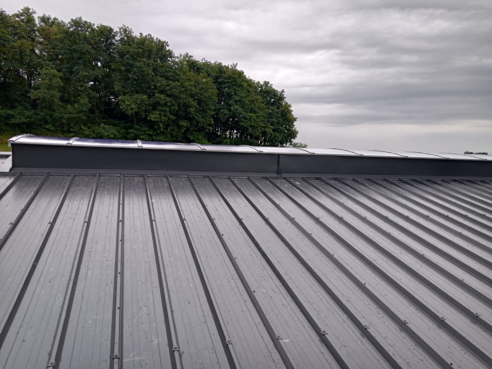 Szary dach z blachy trapezowej z widocznym systemem wentylacji kalenicowej na tle zieleni i pochmurnego nieba. Widok z góry, ukośny kadr.