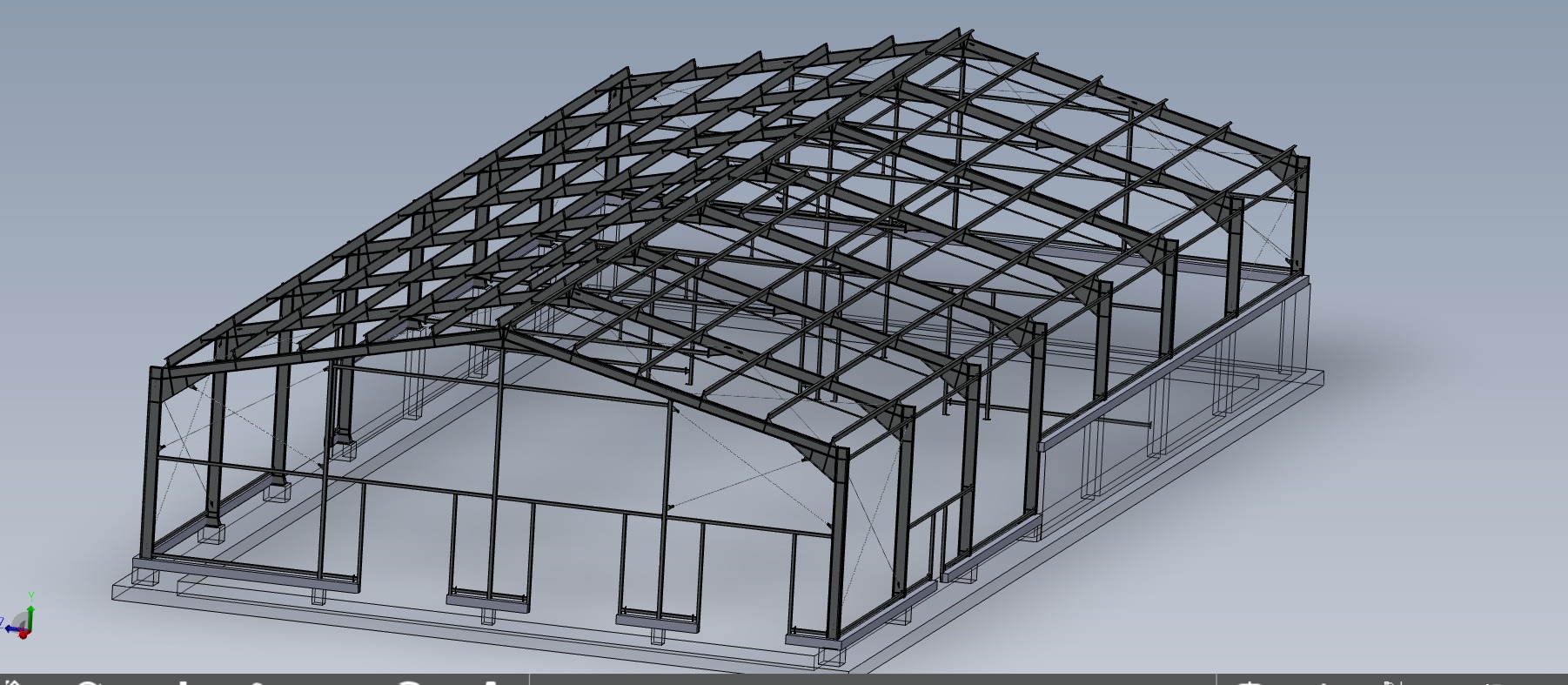 Model 3D konstrukcji stalowej hali z widocznymi elementami nośnymi, słupami i dachem. Szary rendering na jednolitym tle, prezentujący projekt architektoniczny.