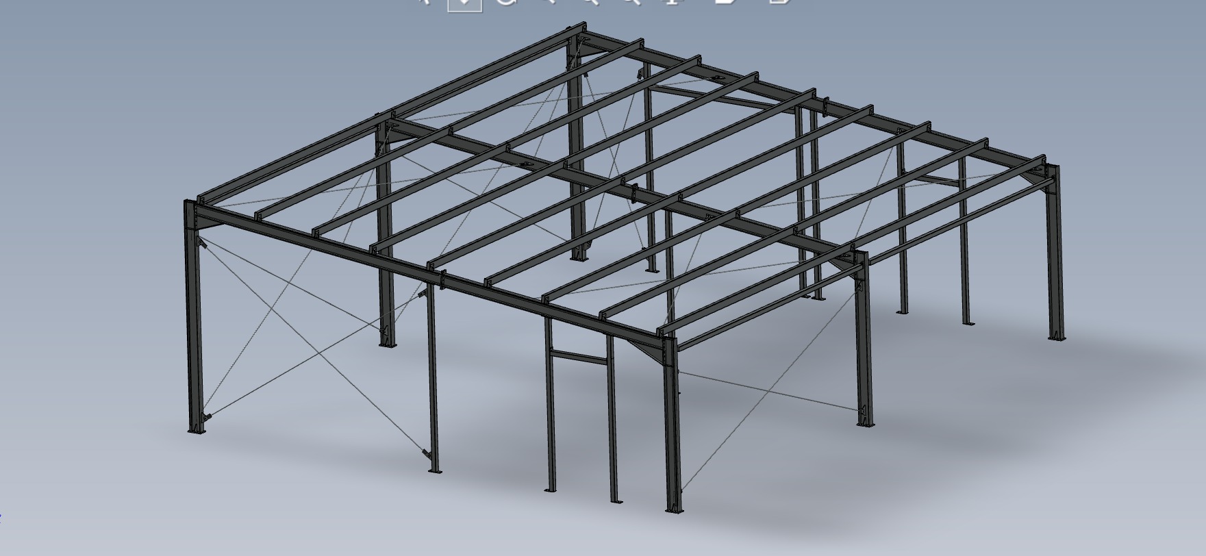 Wizualizacja 3D szkieletu hali stalowej z widocznymi słupami, belkami i elementami mocującymi. Model prezentowany na jednolitym, jasnym tle.