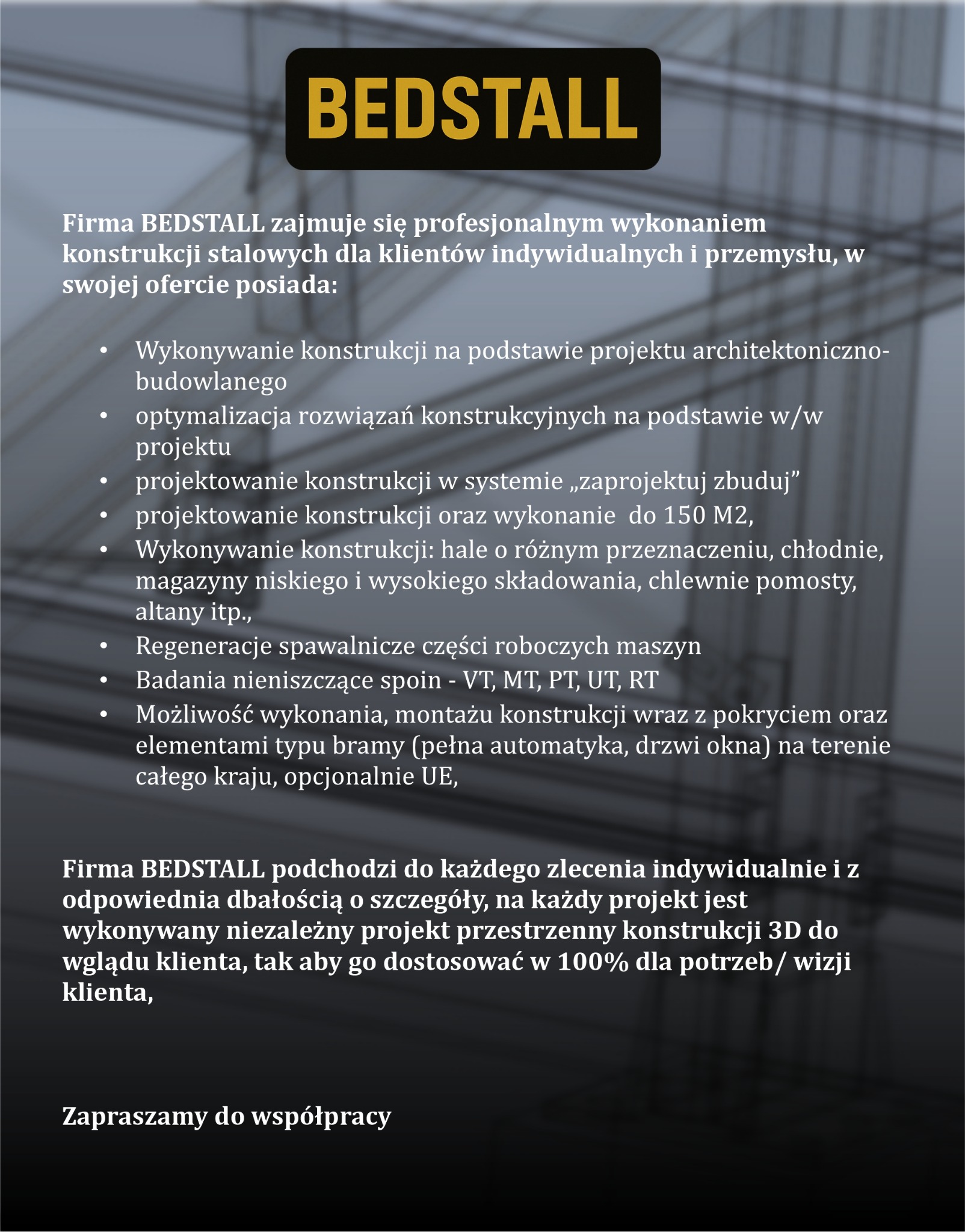 Baner firmy BEDSTALL oferującej konstrukcje stalowe dla przemysłu i klientów indywidualnych, z wyliczeniem usług: hale, bramy, spawanie, projektowanie.