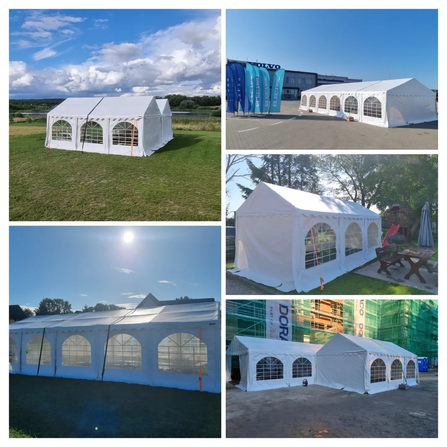 Kolaż zdjęć przedstawiających białe namioty z oknami w różnych lokalizacjach: na trawie, parkingu i placu budowy.