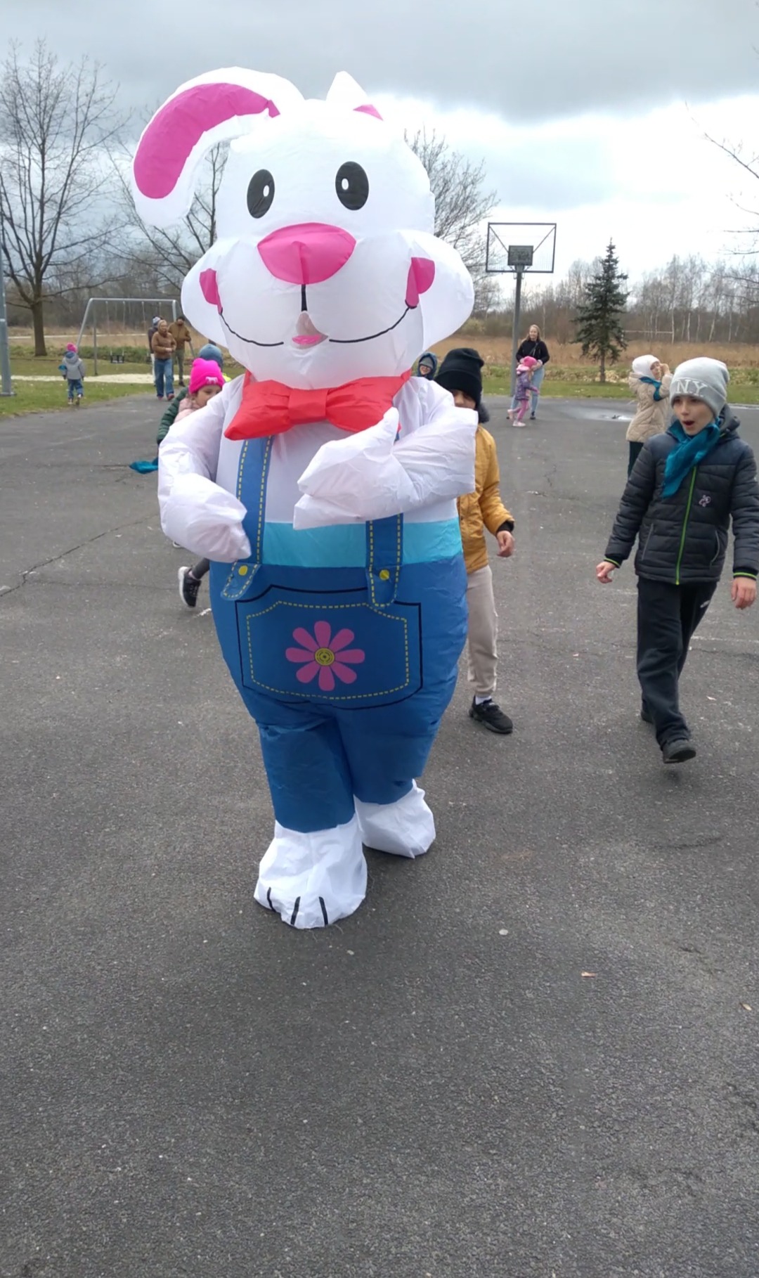 Animator w dmuchanym kostiumie królika z czerwoną muchą i niebieskim kombinezonem z kwiatkiem, otoczony przez dzieci na szarym placu zabaw z koszem do koszykówki w tle.