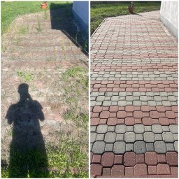 Bartosz Prelewski DomyjDach - Kostka brukowa przed i po czyszczeniu: zaniedbana, zarośnięta po lewej, odświeżona i czysta po prawej. Widoczny cień osoby robiącej zdjęcie.