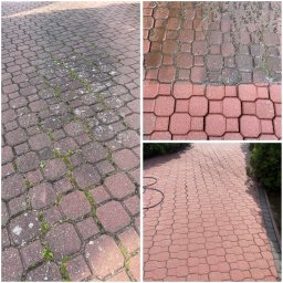 Bartosz Prelewski DomyjDach - Zdjęcie kostki brukowej w układzie 'przed i po' czyszczeniu. Lewa strona jest brudna z mchem, prawa - czysta i mokra, ukazując efekt wykonanej usługi.