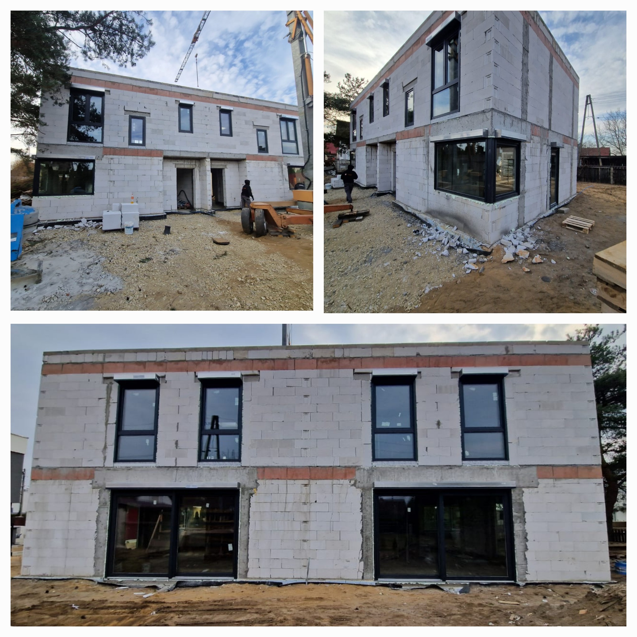 Montaż okien PCV w surowym budynku z betonu komórkowego, widoczny dźwig budowlany i materiały budowlane na zewnątrz.