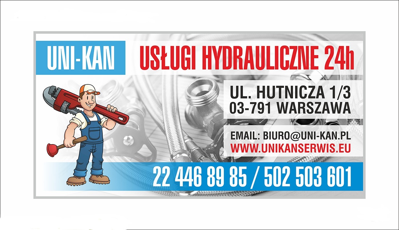 Ilustracja reklamowa firmy hydraulicznej Uni-Kan z uśmiechniętym hydraulikiem w kombinezonie, trzymającym klucz francuski na ramieniu i przepychaczkę w dłoni, na tle elementów instalacji...