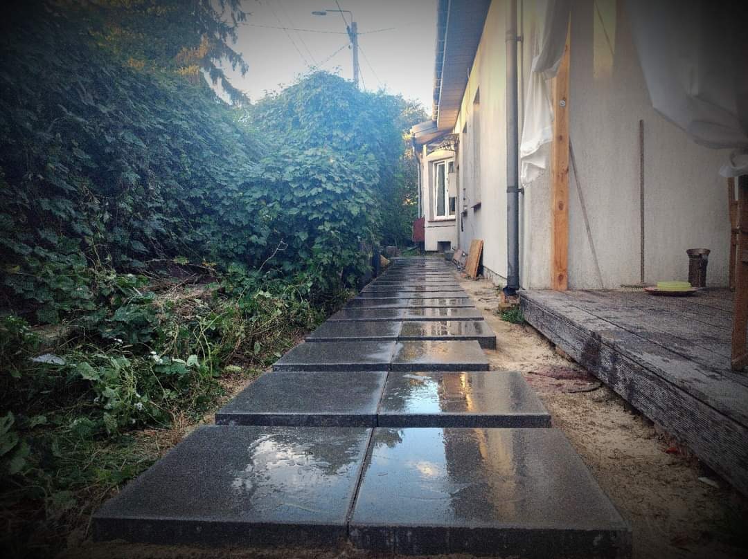 Ścieżka z ułożonych, mokrych, kwadratowych płyt betonowych prowadząca od domu z drewnianym tarasem wzdłuż bujnej zieleni.