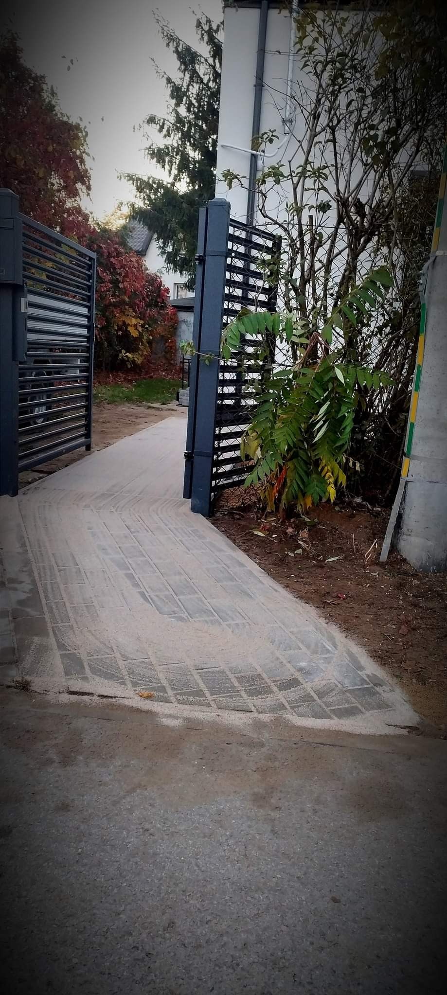 Nowo ułożona ścieżka z kostki brukowej prowadząca przez otwartą, metalową bramę wjazdową, z widocznymi śladami piasku na powierzchni kostki i roślinnością przy bramie.