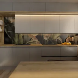 Nowoczesna, szara kuchnia w Dzierżoniowie z blatem w kolorze drewna, tropikalną tapetą pomiędzy szafkami, oświetleniem LED pod szafkami wiszącymi i kącikiem wypoczynkowym przy oknie.