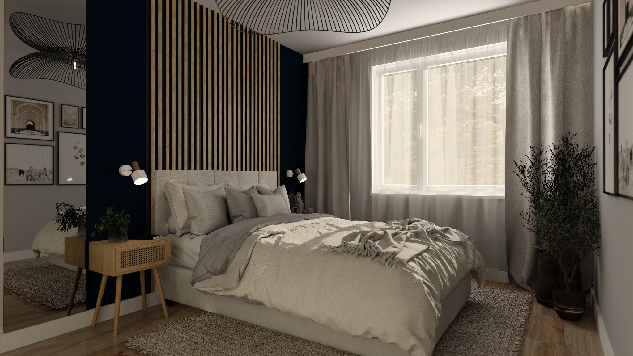 Nowoczesna sypialnia z łóżkiem z szarą pościelą, drewnianą ścianą z pionowych listew, stolikiem nocnym z rattanową plecionką, oświetleniem punktowym i rośliną doniczkową przy oknie.