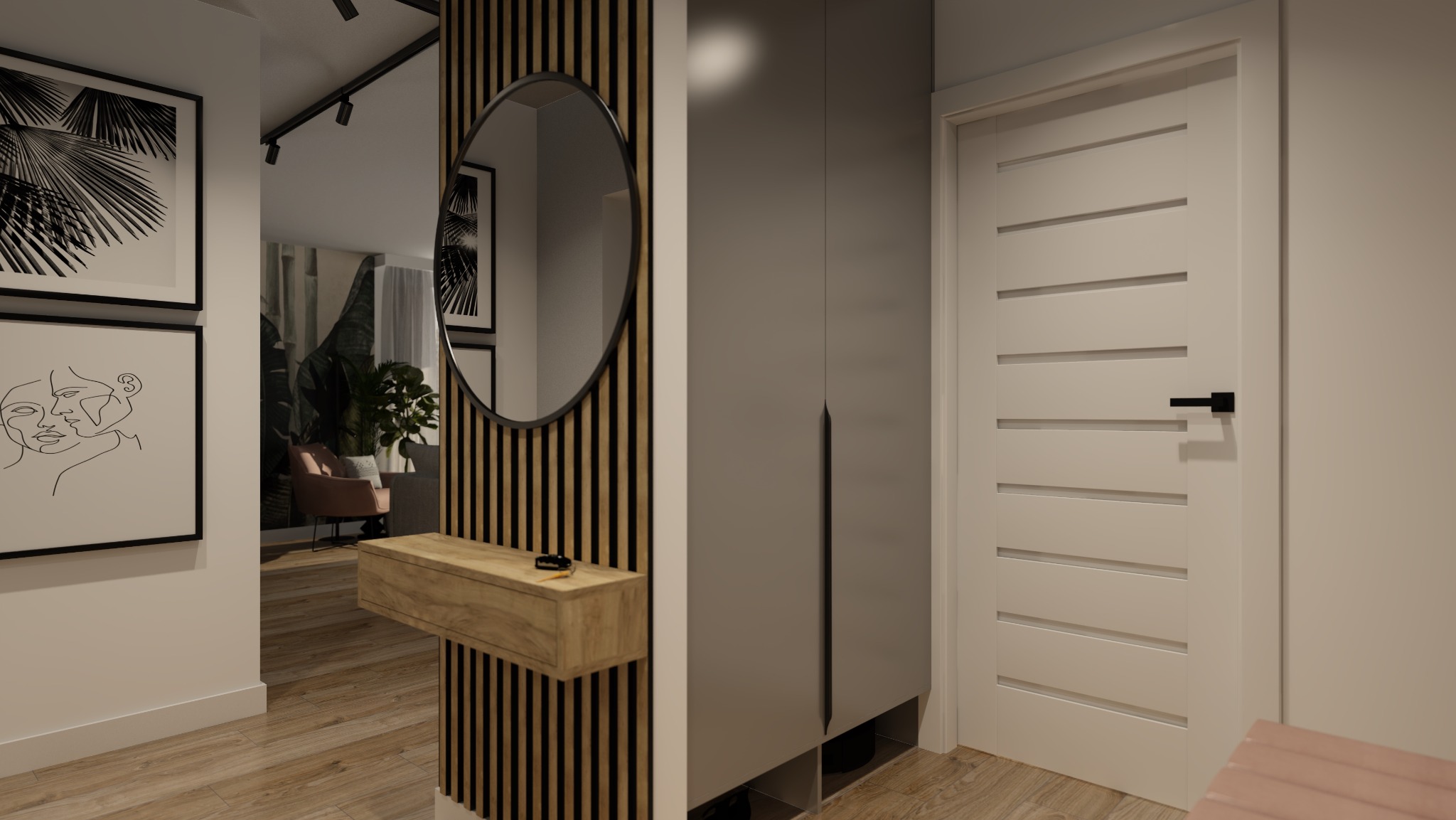 Nowoczesny hol z drewnianą konsolą, okrągłym lustrem i minimalistycznymi grafikami na ścianie, widok na salon w tle.
