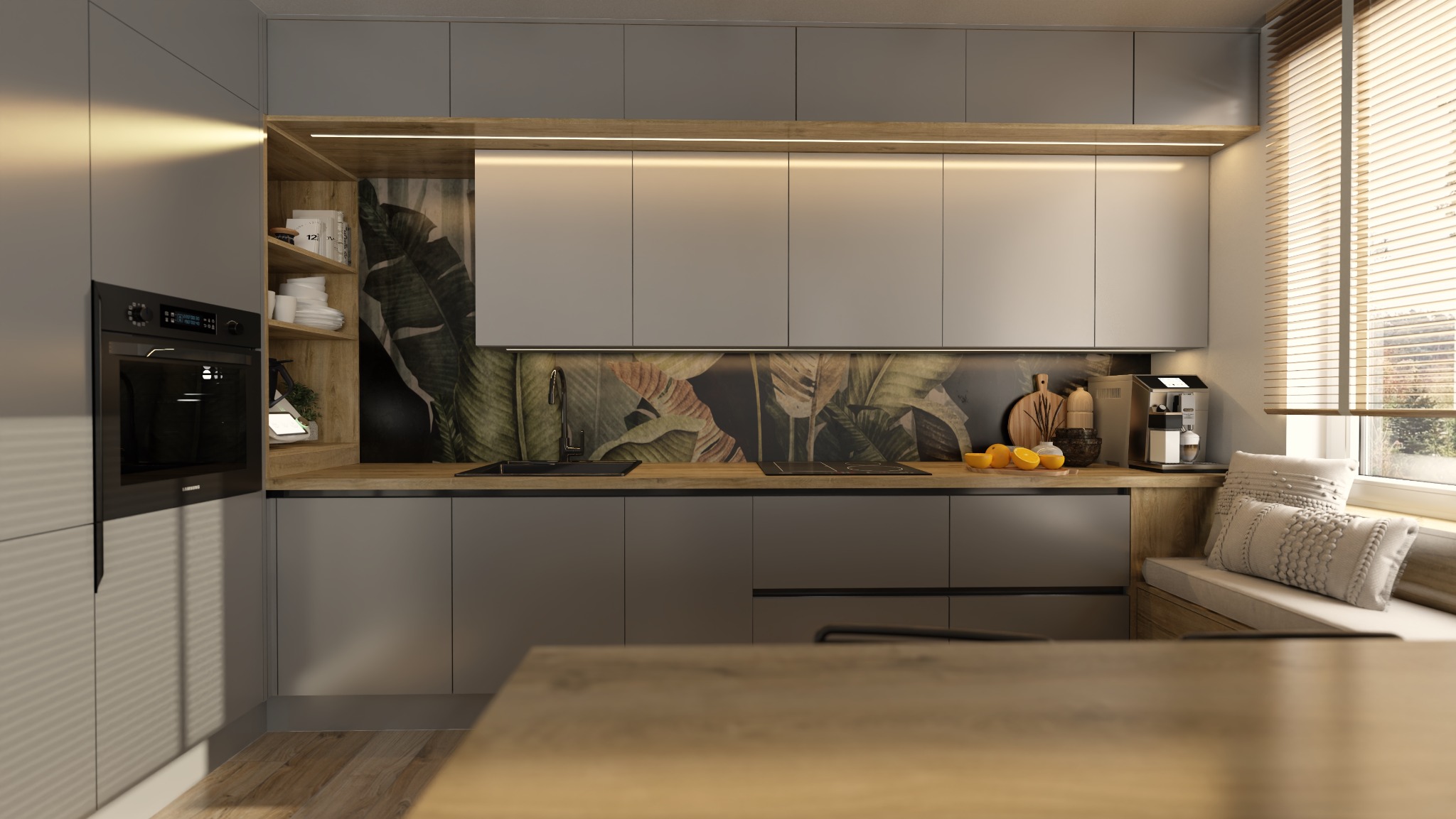 Nowoczesna, szara kuchnia w Dzierżoniowie z blatem w kolorze drewna, tropikalną tapetą pomiędzy szafkami, oświetleniem LED pod szafkami wiszącymi i kącikiem wypoczynkowym przy oknie.