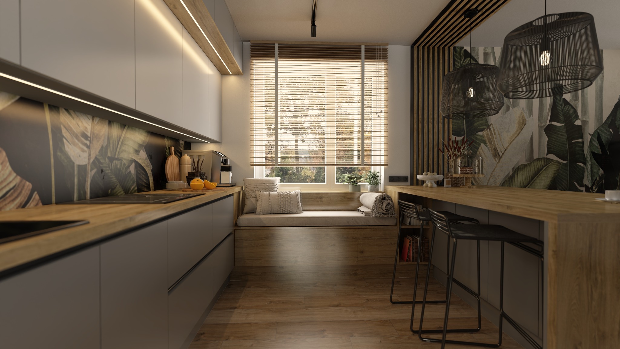 Nowoczesna kuchnia z szarymi szafkami, drewnianym blatem, motywem liści na ścianie, oknem z żaluzjami i siedziskiem oraz wiszącymi lampami w stylu boho.