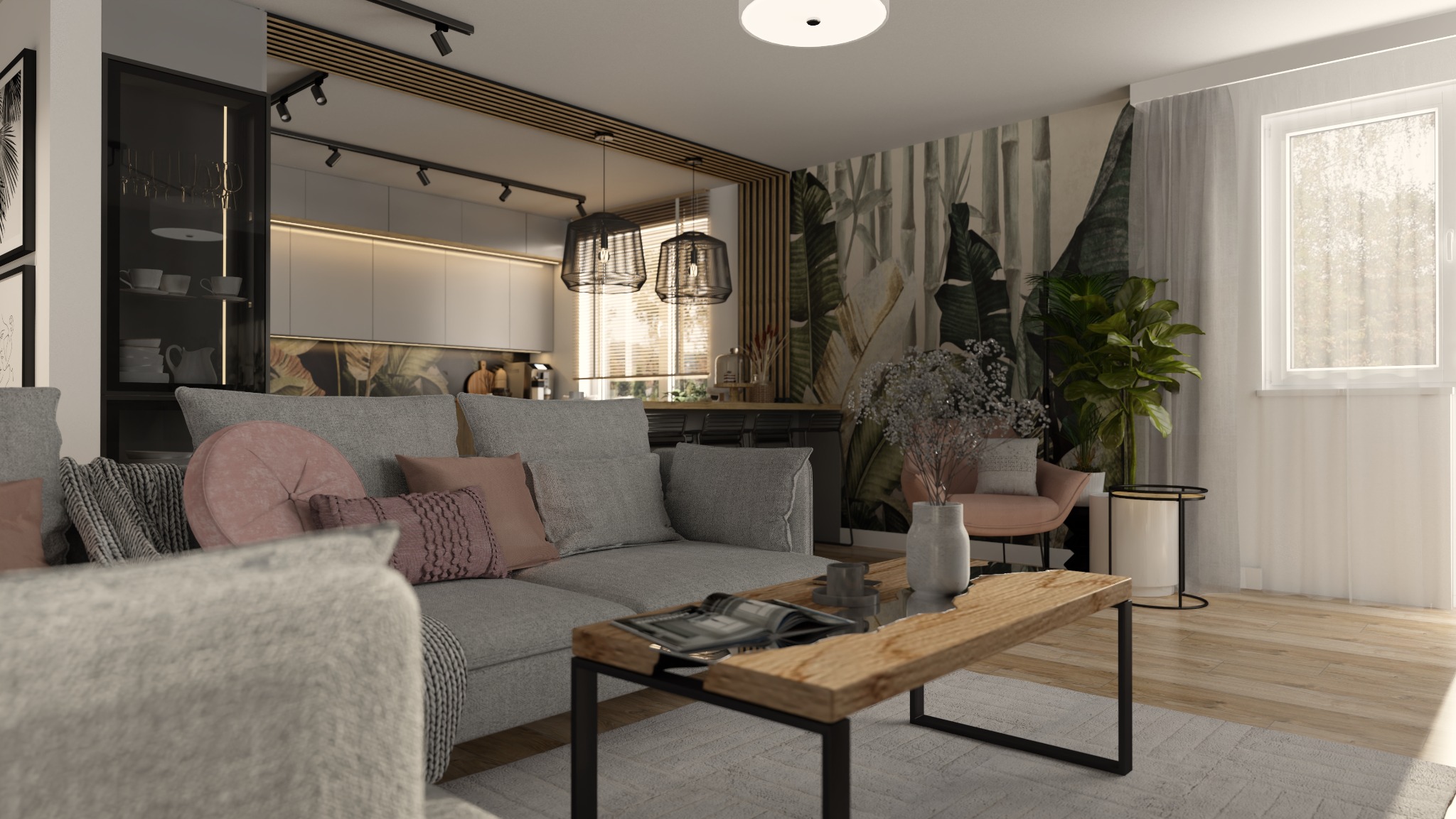 Jasny salon z szarą sofą, drewnianym stolikiem kawowym z czarną ramą, lampami wiszącymi w stylu industrialnym i tapetą w motywy roślinne za sofą. W tle widoczna kuchnia z białymi szafkami...