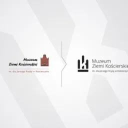Por&oacute;wnanie dw&oacute;ch wariant&oacute;w logo Muzeum Ziemi Kościerskiej: kolorowy rysunek budynku i czarny symbol abstrakcyjny, na jasnoszarym tle z geometrycznymi wzorami.