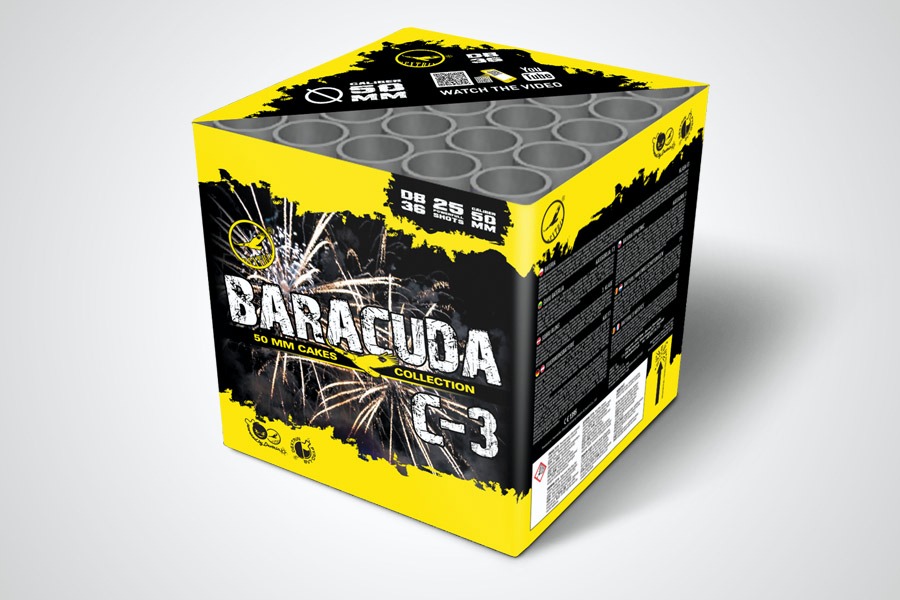 Żółto-czarne pudełko z grafiką fajerwerków 'Baracuda 50 mm Cakes Collection C-3', prezentujące produkt na jednolitym, jasnym tle.