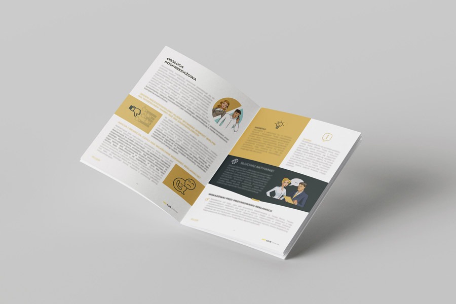 Otwarta ulotka informacyjna w formacie A4, prezentująca treść i grafiki w kolorach białym, złotym i czarnym, lewitująca na szarym tle.