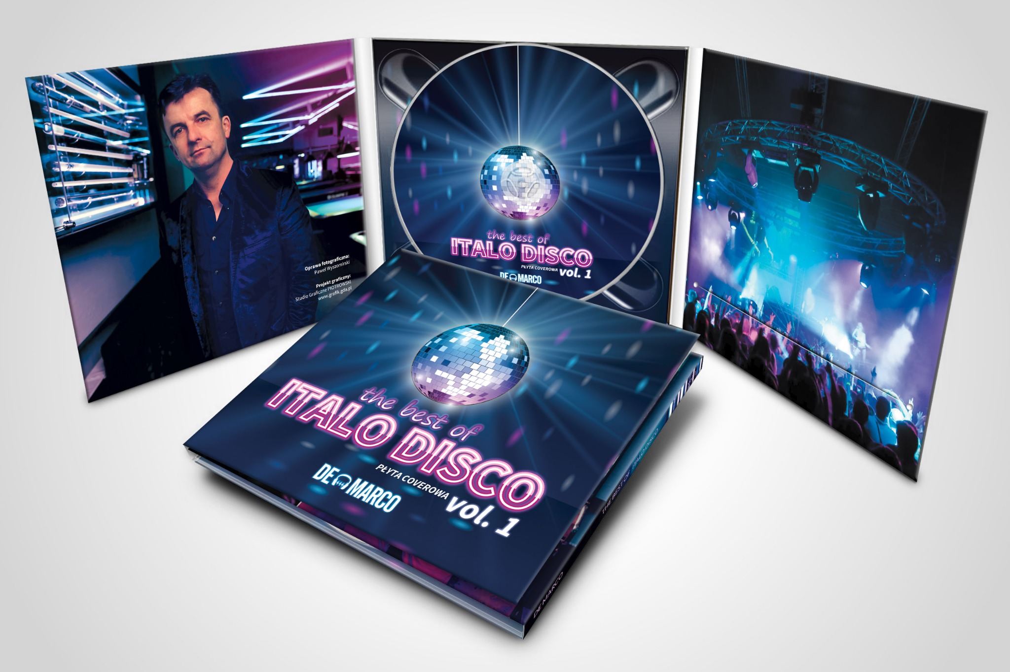 Projekt okładki albumu muzycznego z motywami disco, prezentujący zdjęcia artysty, płyty CD oraz publiczności na koncercie.
