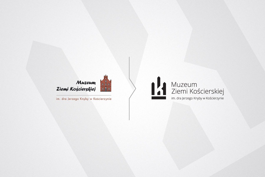 Porównanie dwóch wariantów logo Muzeum Ziemi Kościerskiej: kolorowy rysunek budynku i czarny symbol abstrakcyjny, na jasnoszarym tle z geometrycznymi wzorami.