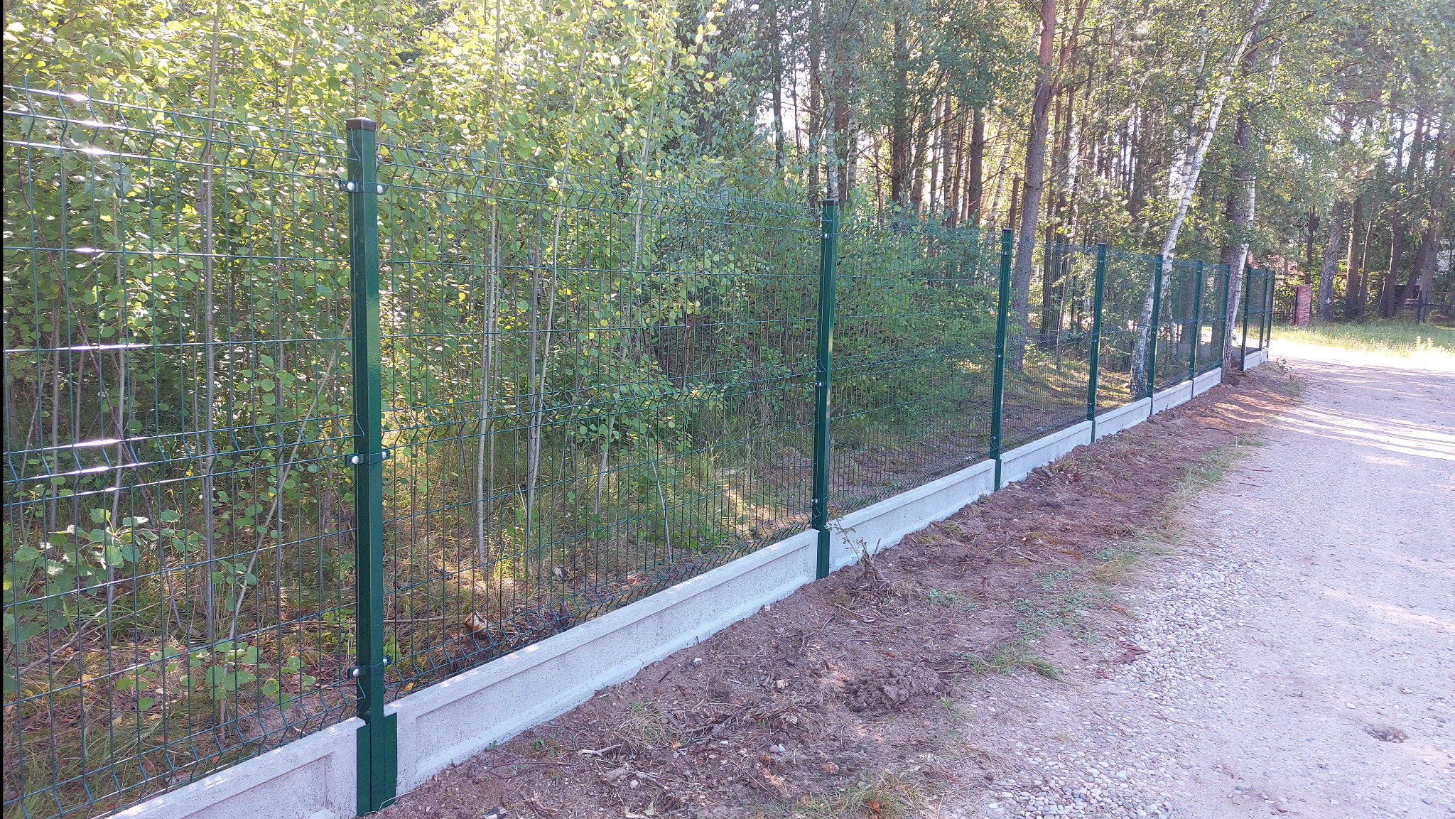Nowo zainstalowane zielone ogrodzenie panelowe z podmurówką betonową na tle leśnym, widok z zewnątrz posesji.