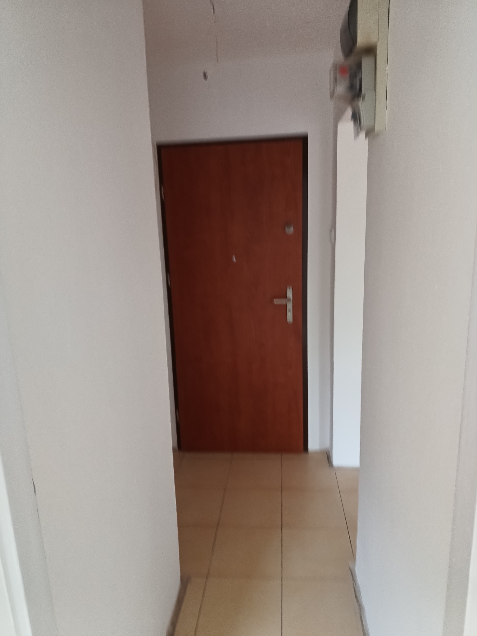 Wnętrze mieszkania z brązowymi drzwiami i beżową podłogą. Na ścianie widoczny licznik. Ujęcie z perspektywy wejścia do pomieszczenia.