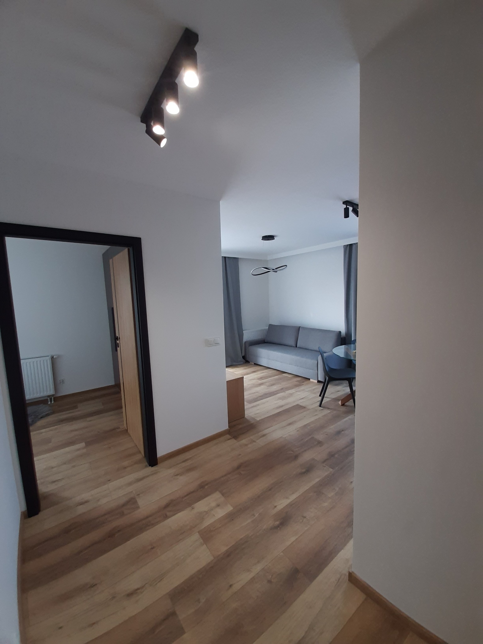 Widok z korytarza na pokój z drewnianą podłogą, szarą sofą i okrągłym stolikiem, oświetlony nowoczesnymi lampami sufitowymi.