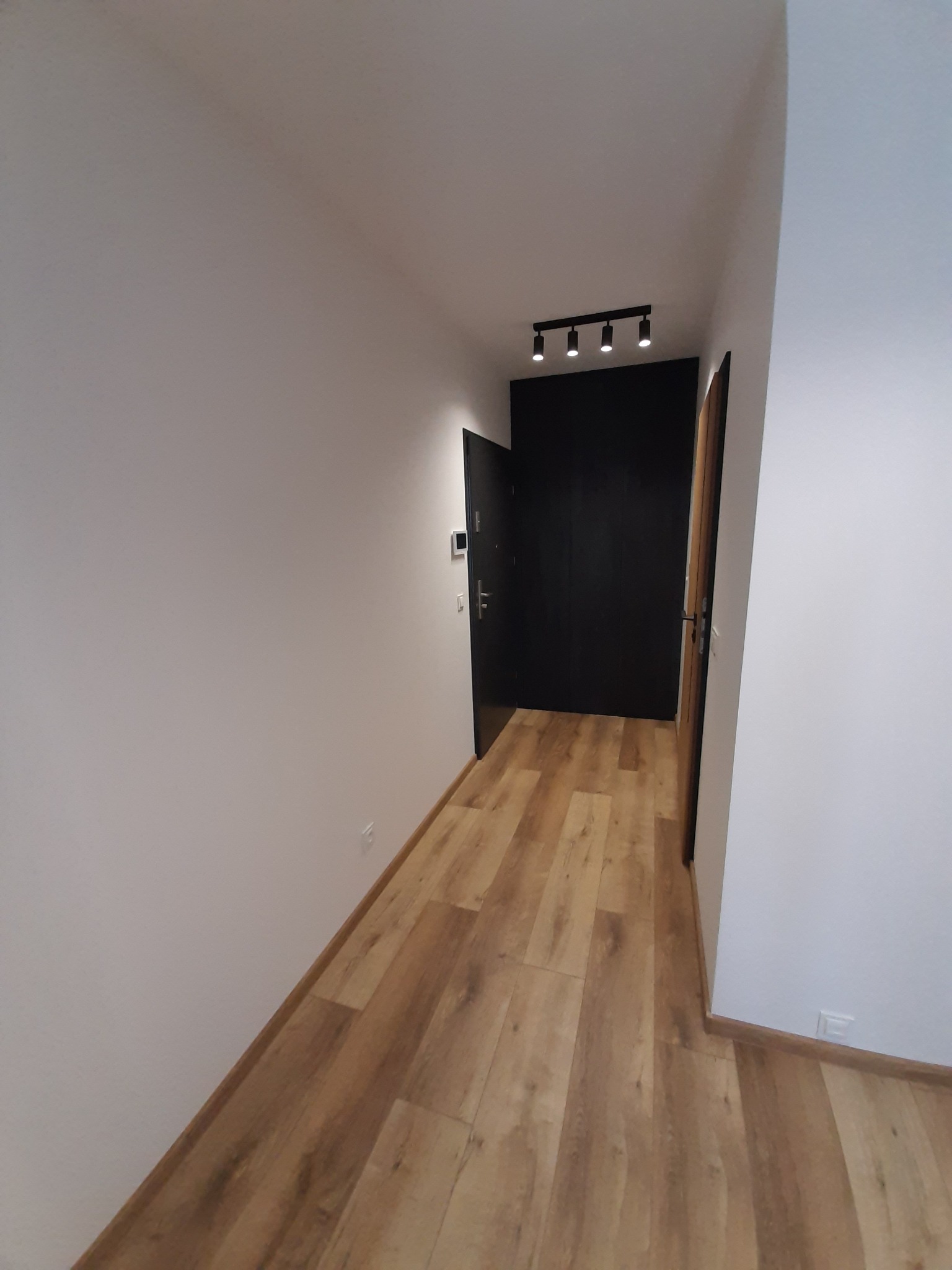 Korytarz z panelami podłogowymi w odcieniach drewna, białe ściany, czarne drzwi wejściowe z widocznym panelem sterowania i czarne oświetlenie sufitowe z czterema reflektorami.