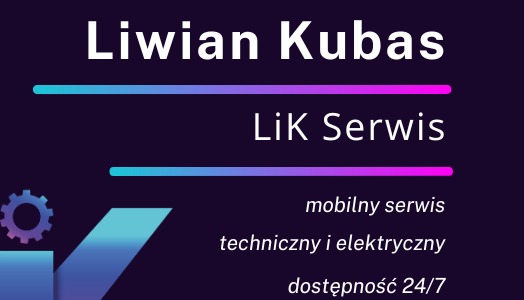 Logo firmy LiK Serwis: mobilny serwis techniczny i elektryczny, dostępność 24/7, grafika z kołem zębatym i gradientowymi elementami na ciemnofioletowym tle.