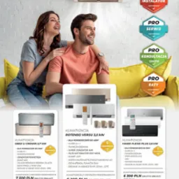 Uśmiechnięta para siedzi na żółtej sofie, za nimi na ścianie wisi klimatyzator, a poniżej znajdują się grafiki z trzema modelami klimatyzatorów i informacjami o cenach i parametrach.