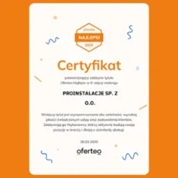 Certyfikat Oferteo Najlepsi 2025 dla PROINSTALACJE SP. Z, potwierdzający wysoką jakość świadczonych usług i zadowolenie klientów w 9. edycji rankingu.