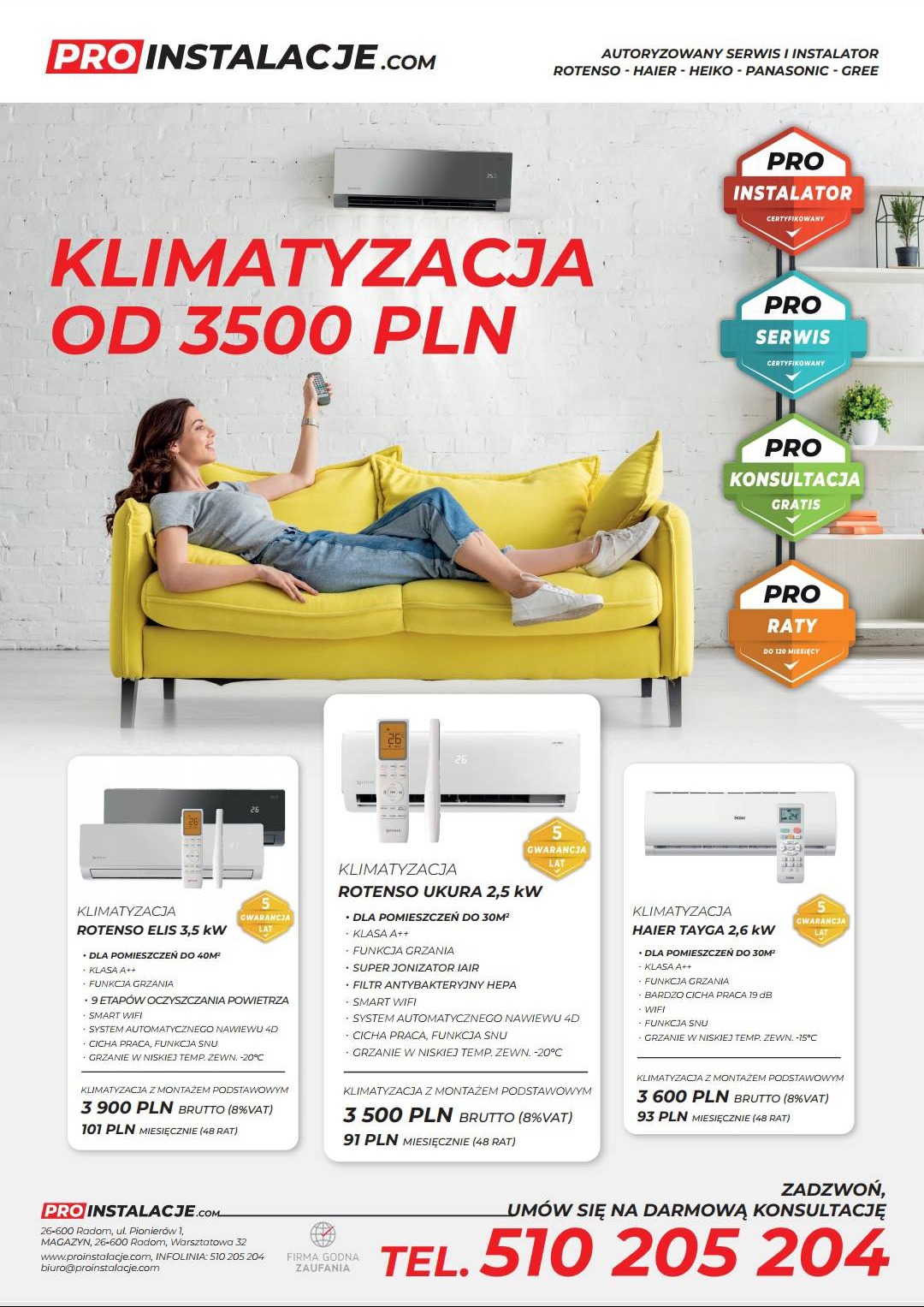 Reklama klimatyzacji Rotenso, Haier i Heiko z cenami i ratami miesięcznymi, kobieta relaksuje się na żółtej sofie trzymając pilot do klimatyzacji.