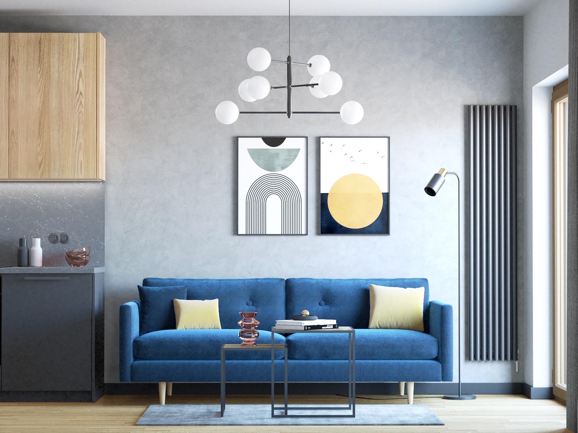 Salon z niebieską sofą, stolikami kawowymi, szarą ścianą i abstrakcyjnymi obrazami. Nowoczesne oświetlenie i drewniane akcenty dodają przytulności.