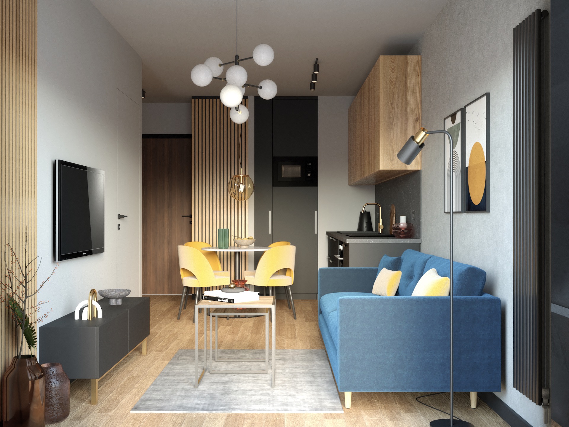 Wnętrze mieszkania z niebieską sofą, żółtymi krzesłami i drewnianymi akcentami. Nowoczesny design z lampą kulistą i minimalistycznym wystrojem.