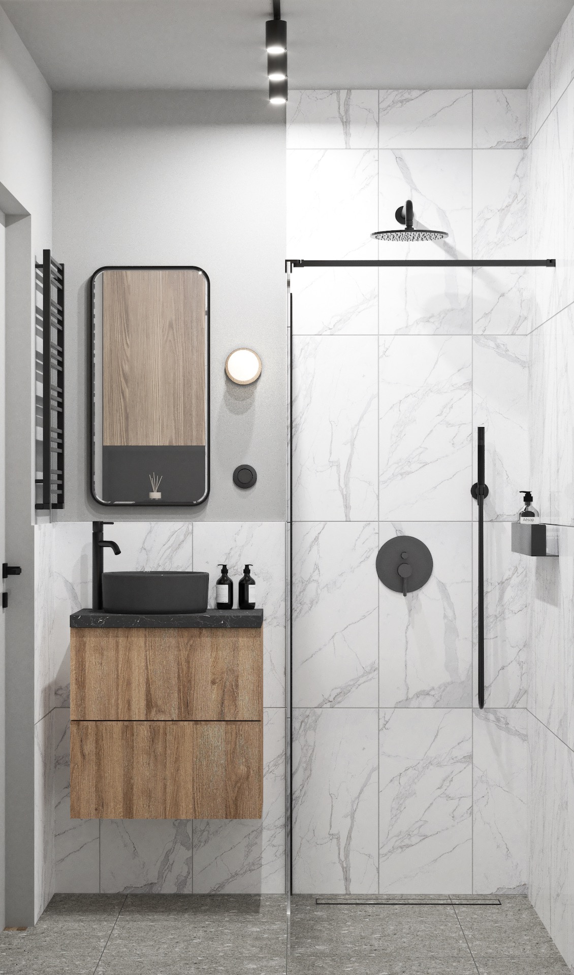 Nowoczesna aranżacja łazienki w Gdańsku: kabina prysznicowa typu walk-in z marmurowymi płytkami, drewniana szafka pod umywalką i czarne akcenty.