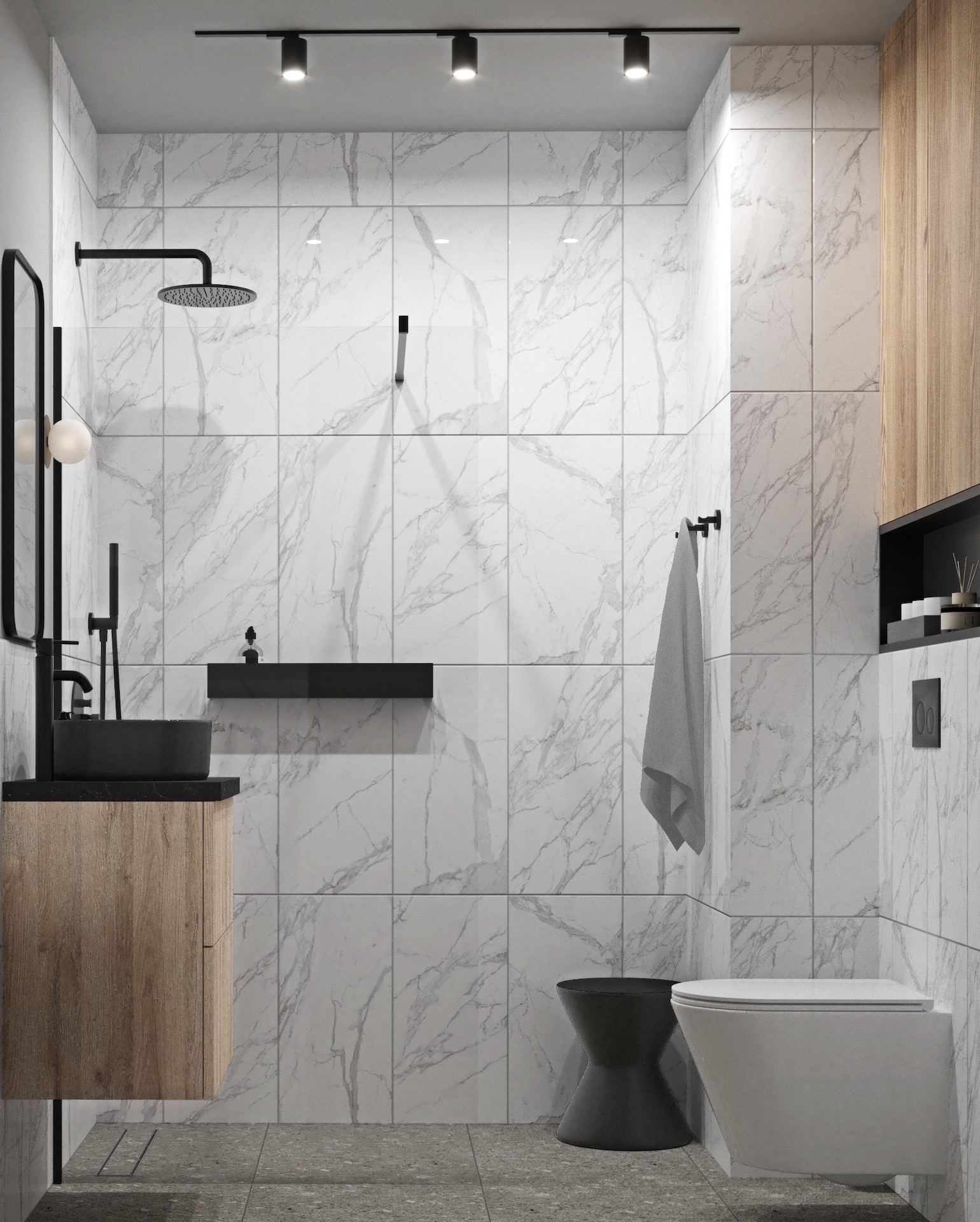 Nowoczesna łazienka z marmurowymi płytkami, czarną umywalką nablatową i minimalistyczną armaturą. Drewniana szafka pod umywalką dodaje ciepła. Oświetlenie punktowe.