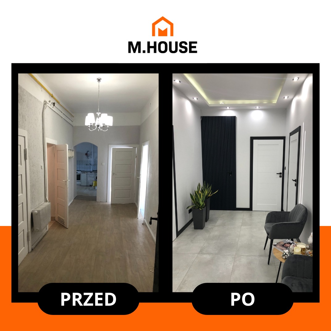 Korytarz przed i po: od surowego stanu z grzejnikiem i wiszącym żyrandolem, do nowoczesnego wnętrza z panelami ściennymi, roślinami w donicach i oświetleniem LED.