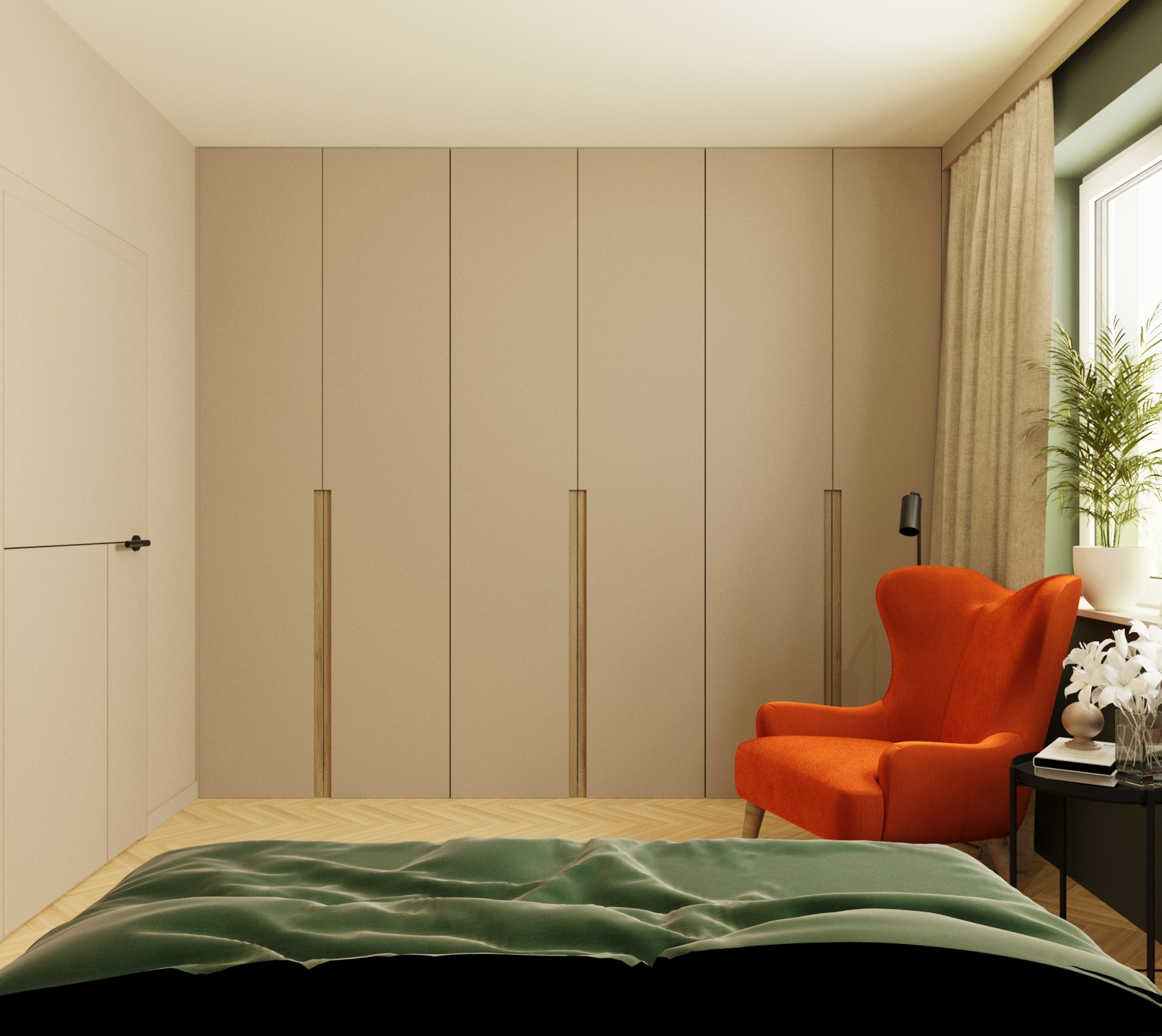 Sypialnia z łóżkiem z zieloną pościelą, pomarańczowym fotelem typu wingback, szafą w zabudowie z beżowymi frontami i drewnianymi uchwytami oraz podłogą ułożoną w jodełkę.