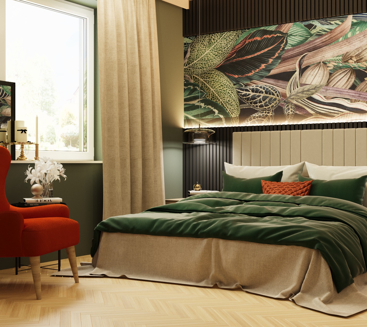 Nowoczesna sypialnia z łóżkiem z zieloną pościelą, beżowym zagłówkiem i ścianą z dekoracyjnym panelem z motywem roślinnym, uzupełniona o pomarańczowy fotel i drewnianą podłogę w jodełkę.