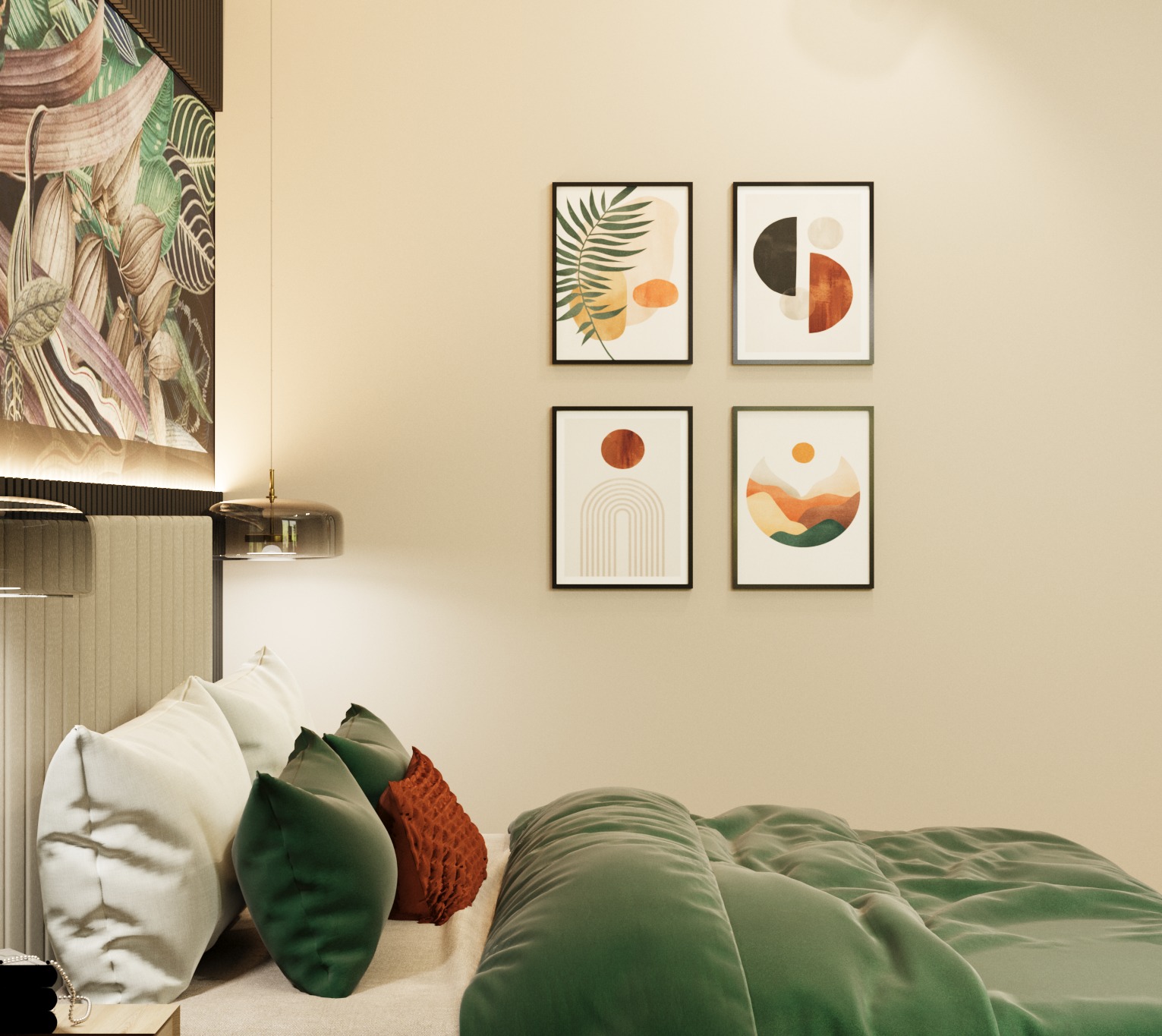 Nowoczesna sypialnia z zieloną pościelą, beżowym zagłówkiem i galerią abstrakcyjnych obrazków na ścianie w ciepłych barwach.