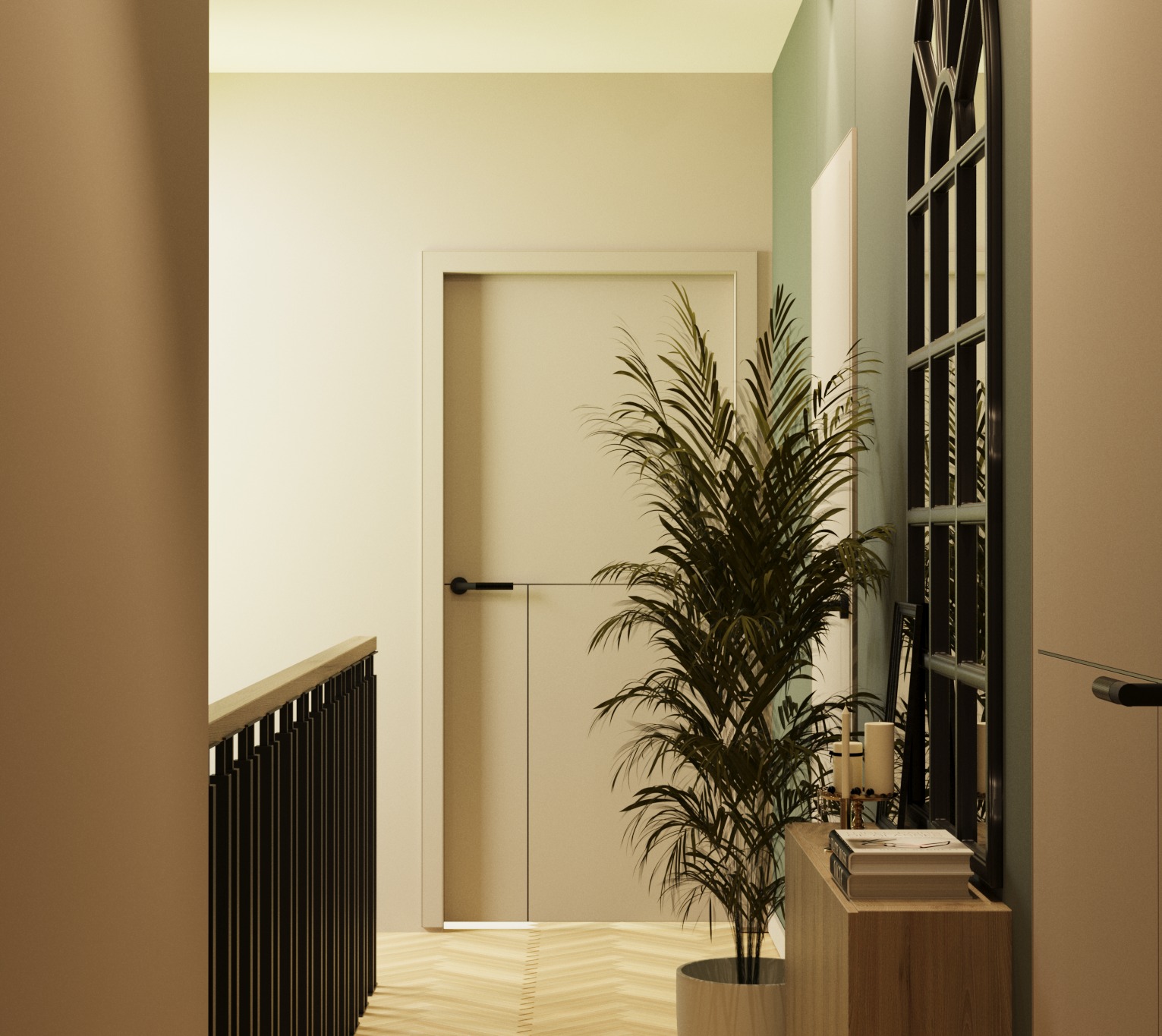 Jasne wnętrze przedpokoju z parkietem w jodełkę, drzwi wewnętrzne z czarną klamką, wysoka roślina doniczkowa obok konsoli z książkami i świecami, duże okno w stylu industrialnym.