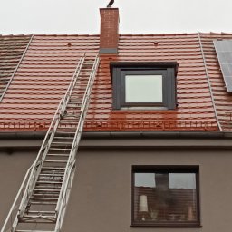 METAL-TRANS Mariusz Błoński - Częściowy widok dachu z czerwonej dachówki po czyszczeniu, z drabiną opartą o rynnę i panelem słonecznym. Widoczne okno dachowe i komin z ptakiem.