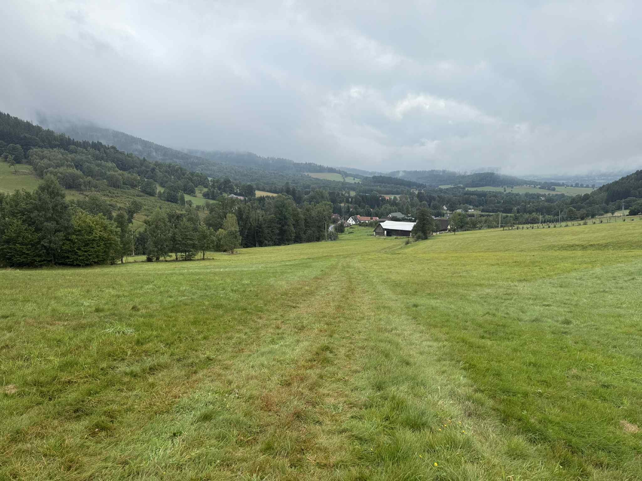Rozległa, zielona łąka z wyraźną ścieżką, prowadząca w kierunku zabudowań w oddali i zalesionych wzgórz skrytych pod mglistym niebem.