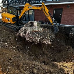 FIRMA USŁUGOWA EWELINA KAGANIUK, TOMASZ KOWALCZYK SPÓŁKA CYWILNA - Żółta koparka JCB usuwa karpę drzewa z wykopu na tle domu z balkonem i ceglaną ścianą. Prace ziemne w ogrodzie.