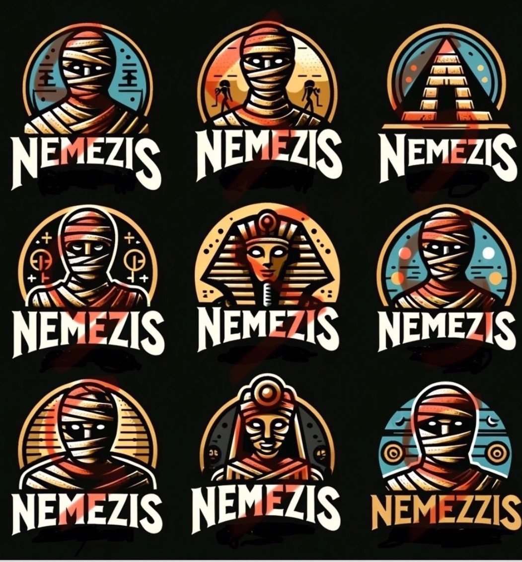 Zestaw dziewięciu graficznych wariacji logo z motywami starożytnego Egiptu, w tym mumie, faraon i piramida, wszystkie opatrzone nazwą 'Nemezis' w różnych stylach czcionek.