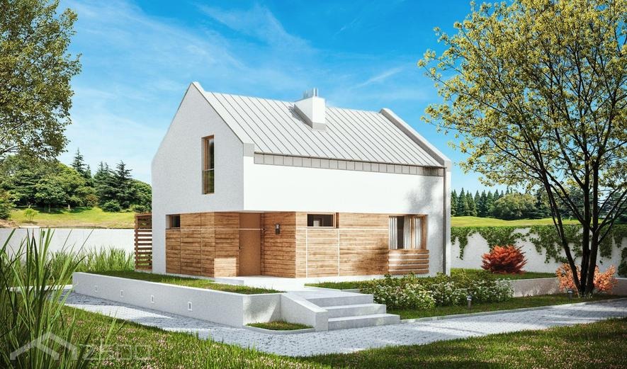 Wizualizacja nowoczesnego domu jednorodzinnego z białą elewacją i drewnianymi panelami, metalowym dachem na tle zielonego ogrodu z drzewem liściastym i zbiornikiem wodnym.