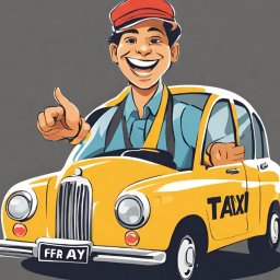 Grzegorz Góra - Uśmiechnięty kierowca w czerwonej czapce, jadący żółtą taksówką z napisem 'TAXI' na drzwiach, pokazuje kciuk w górę.