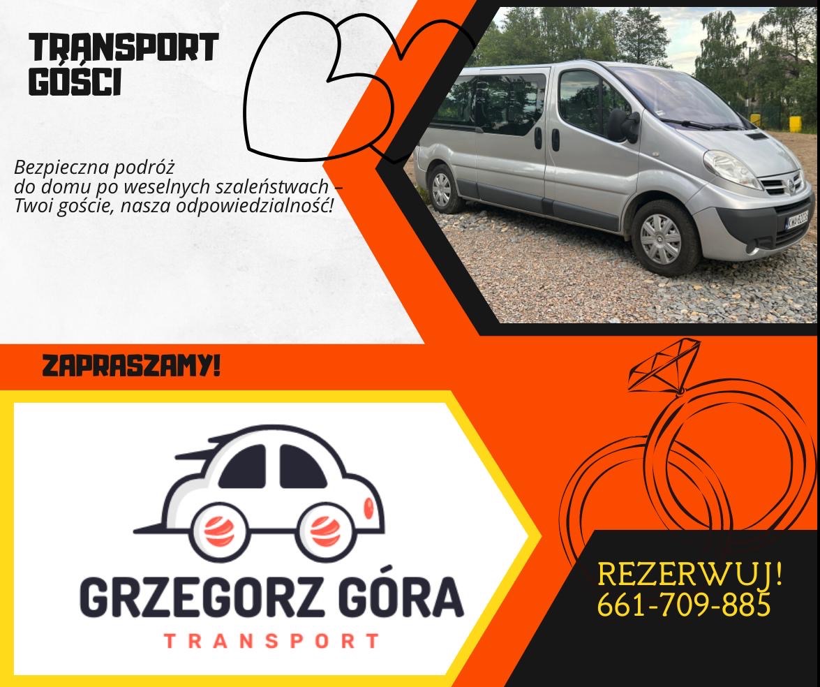 Reklama transportu gości weselnych: srebrny van na żwirowym podłożu, grafika z sercem, obrączkami i logo firmy Grzegorz Góra Transport.