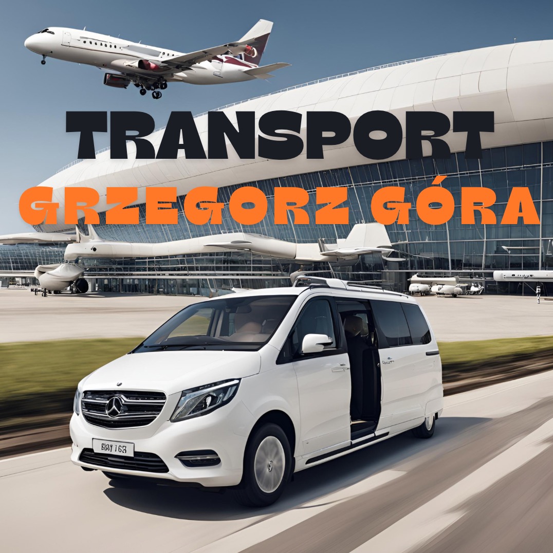 Biały Mercedes-Benz V-klasy z otwartymi drzwiami na tle lotniska z samolotem w locie i napisem 'TRANSPORT GRZEGORZ GÓRA'.