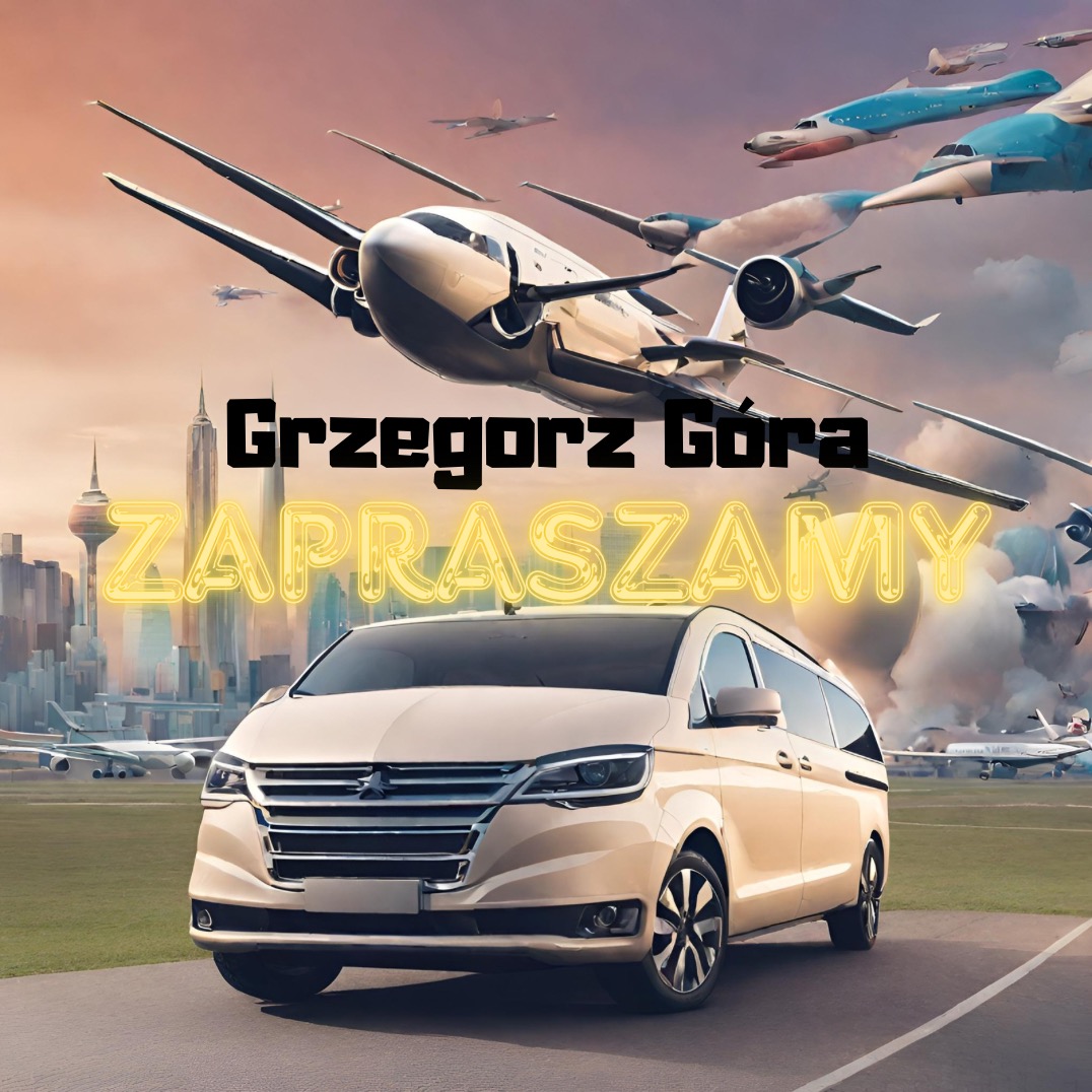 Beżowy van na tle panoramy miasta z samolotami, z napisem 'Grzegorz Góra ZAPRASZAMY' w neonowym stylu.