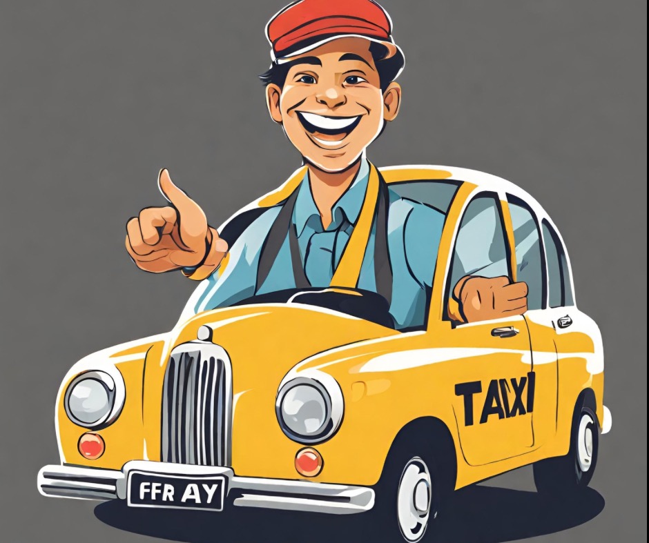 Uśmiechnięty kierowca w czerwonej czapce, jadący żółtą taksówką z napisem 'TAXI' na drzwiach, pokazuje kciuk w górę.